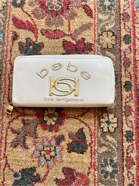 bebe White Zip-Around Wallet with Gold Logo Accent